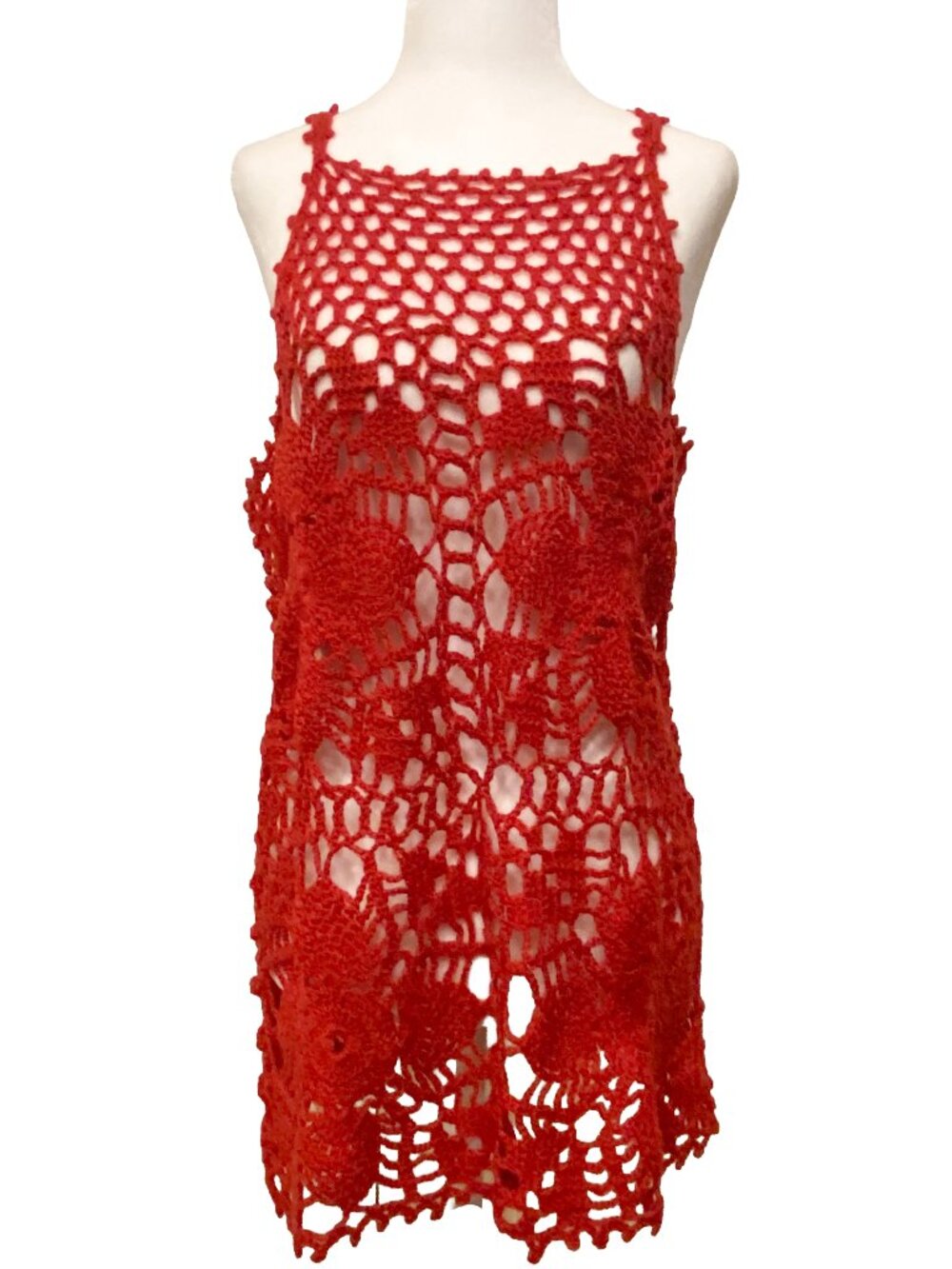 Handmade Vibrant Red Crochet Open-Stitch Lace Tunic Top Coverup Sz M